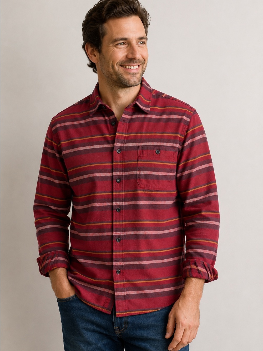 Mountain Hardwear Mens Medium Red Striped Long Sleeve Button Down Rugged Outdoor